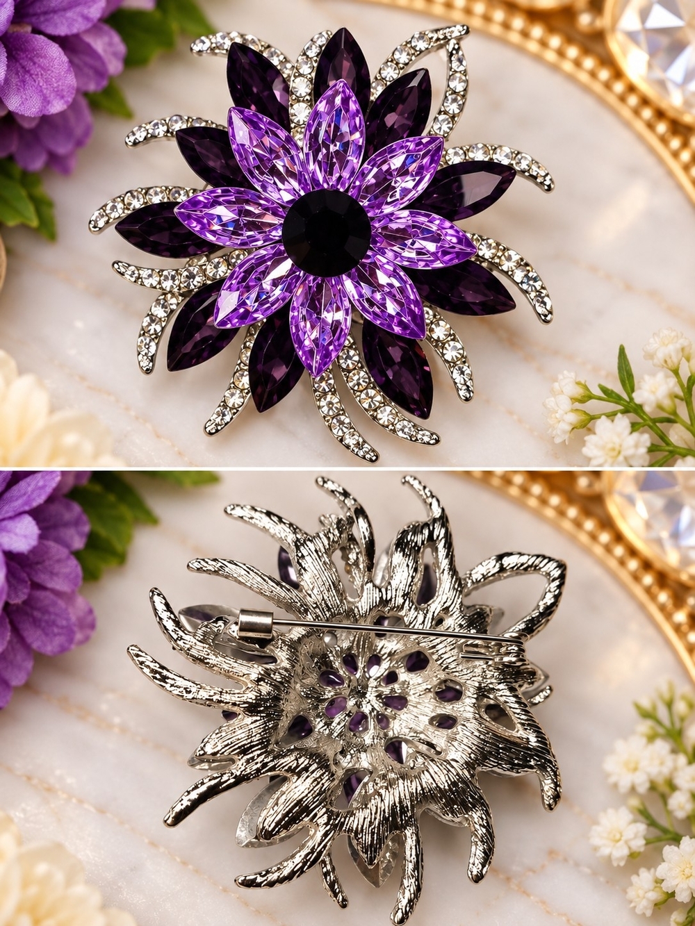 Purple Crystal Floral Statement Brooch 💜✨